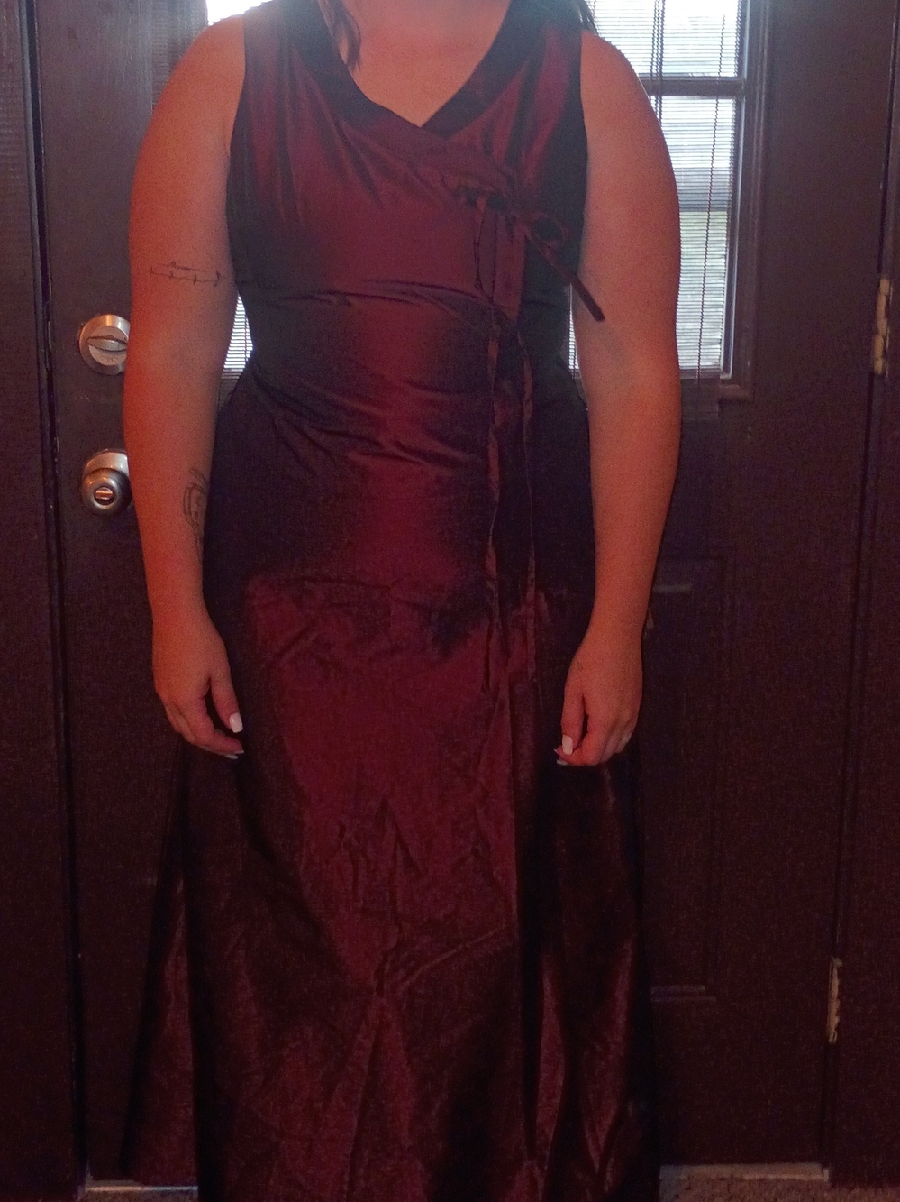 Sleeveless Burgundy Wrap Satin Evening Dress